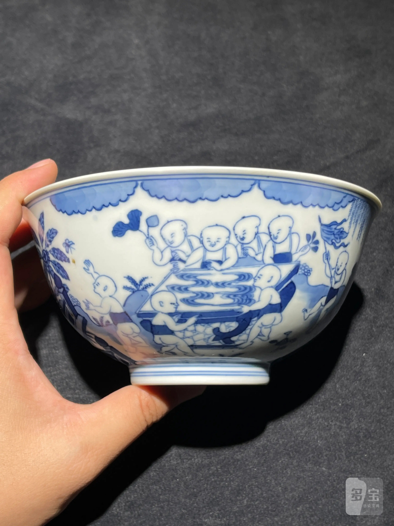 清道光 青花婴戏纹碗 - 图2